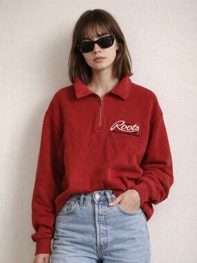 Vintage Roots Athletics Quarter Zip Sweatshirt Red 90s Cotton Athleisure M 🇨🇦